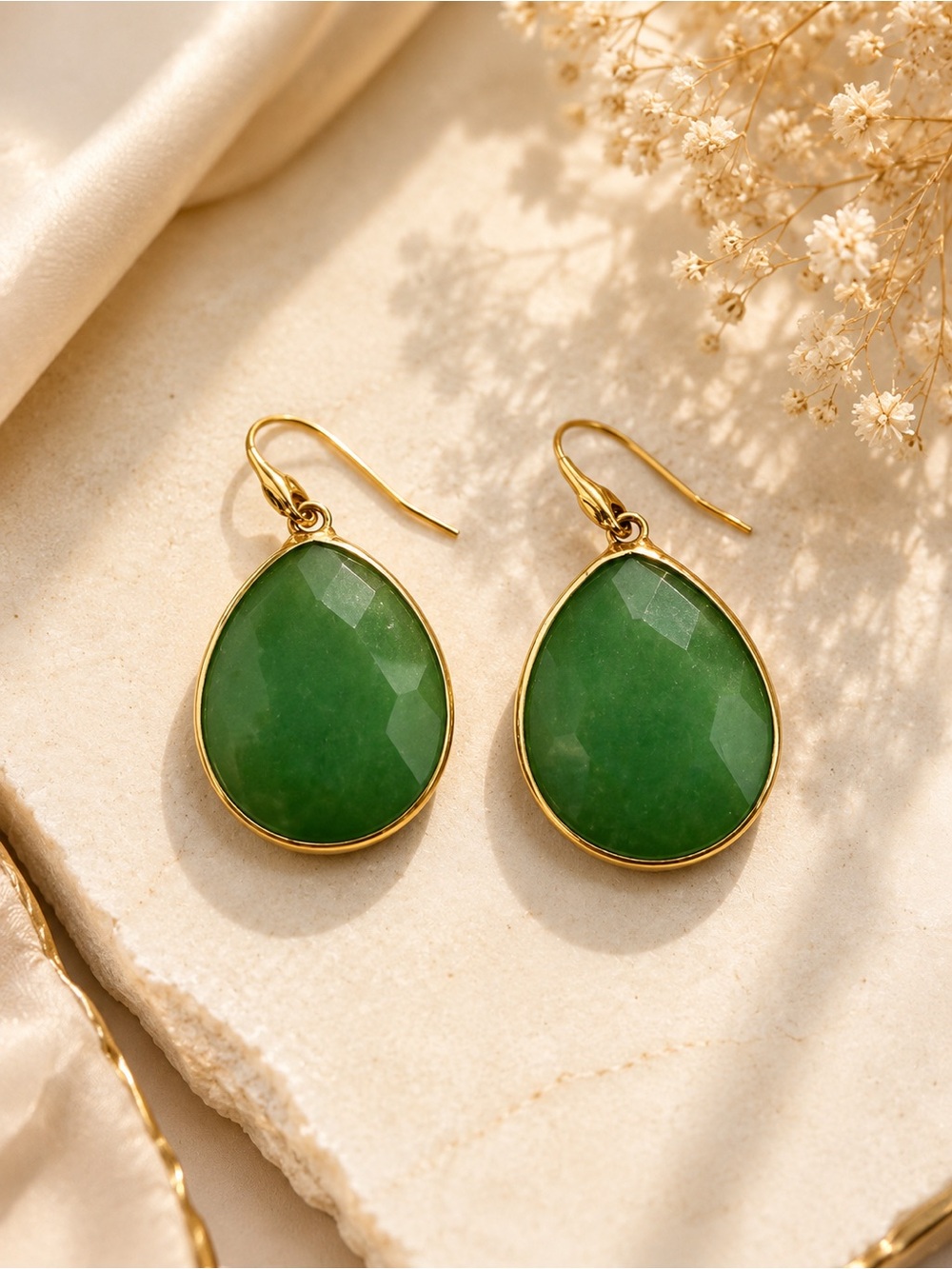 Gold-Frame Green Teardrop Dangle Earrings - Women Jewelry